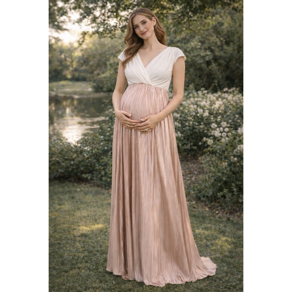 WB4 Tiffany Rose Cream & Rose Gold Pleated Maxi Dress V‎ Neck Small Maternity